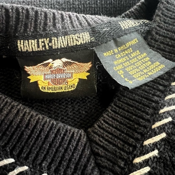 Harley Davidson Large Black Cozy Vneck Sweater Whipstitch 100% Cotton Oversized
